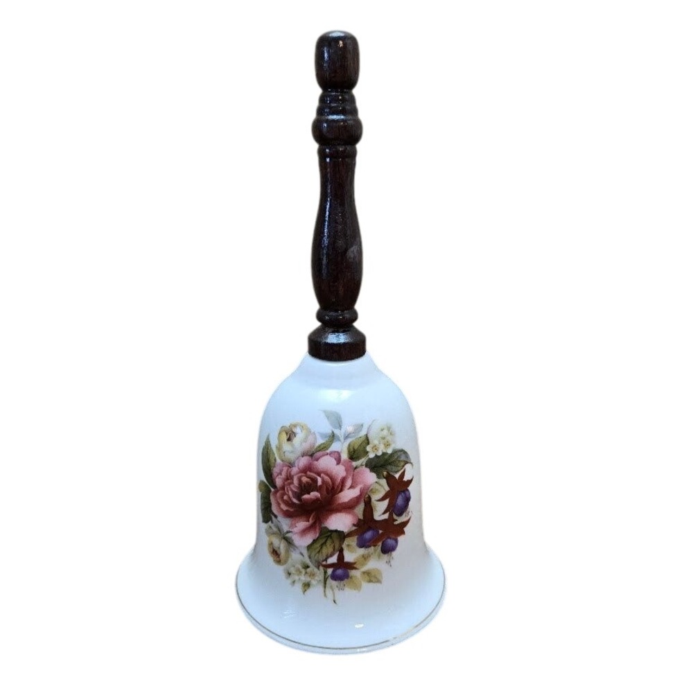 VTG Bone China Pink Rose Floral Hand‎ Bell with Wooden Handle